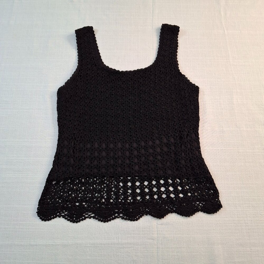 Black Fine Filigree Crochet Corset Sz M Lined Scalloped Edges Stretchy